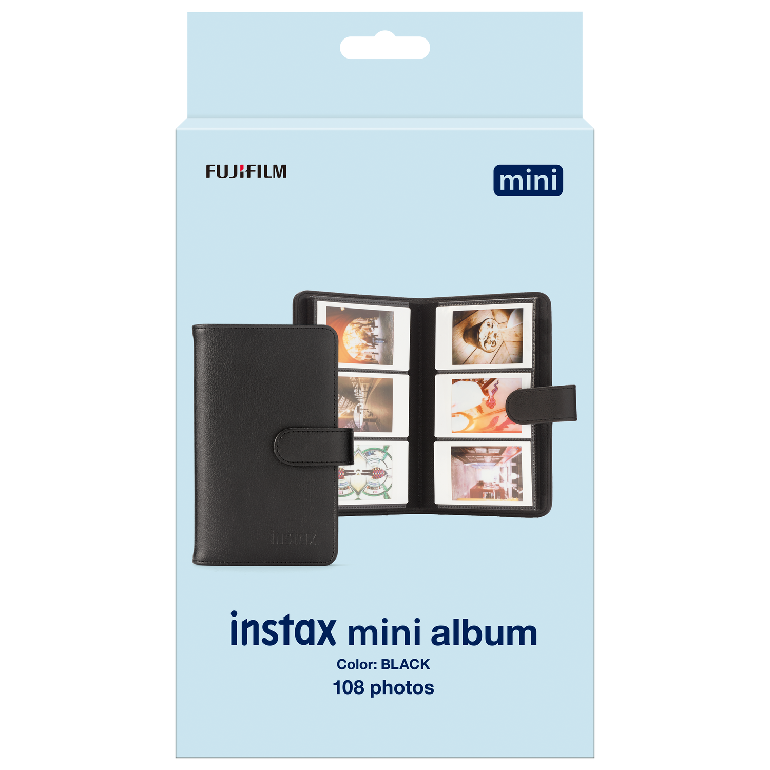 Black Instax mini album with photos displayed, and a blue box.