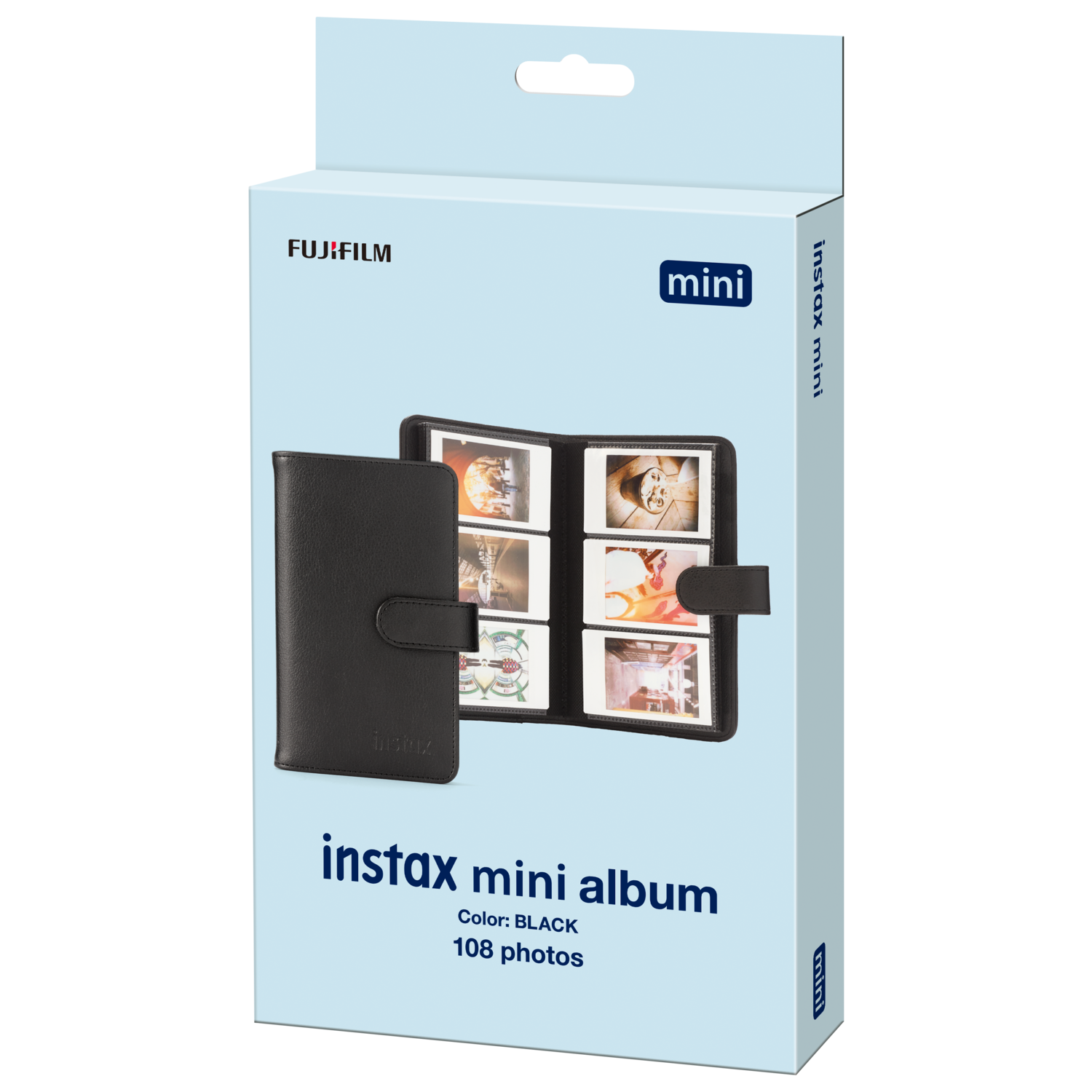 Instax Mini album and box. The album is black and shows photos of cats. Box is white and blue.
