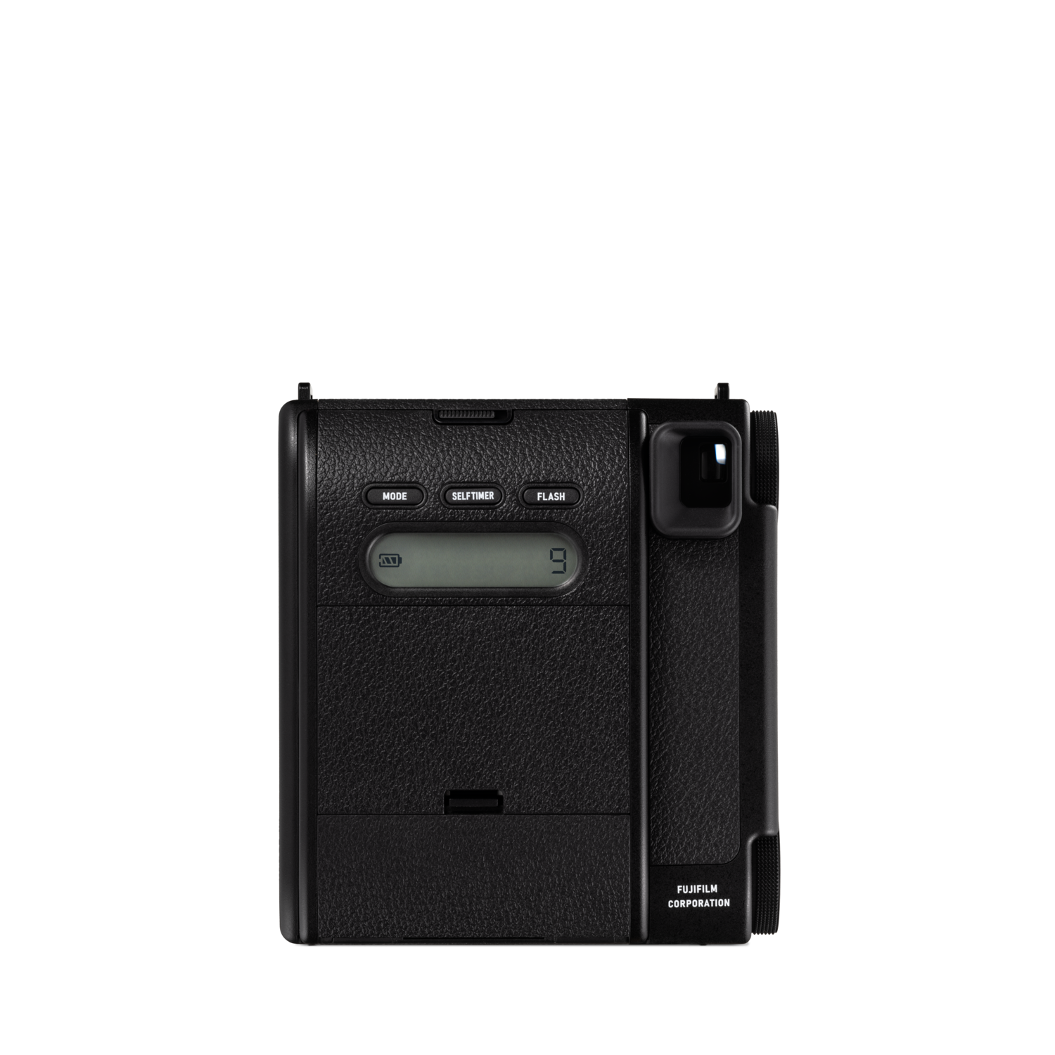 Een zwarte instantcamera met een digitaal display, knoppen en een lens.