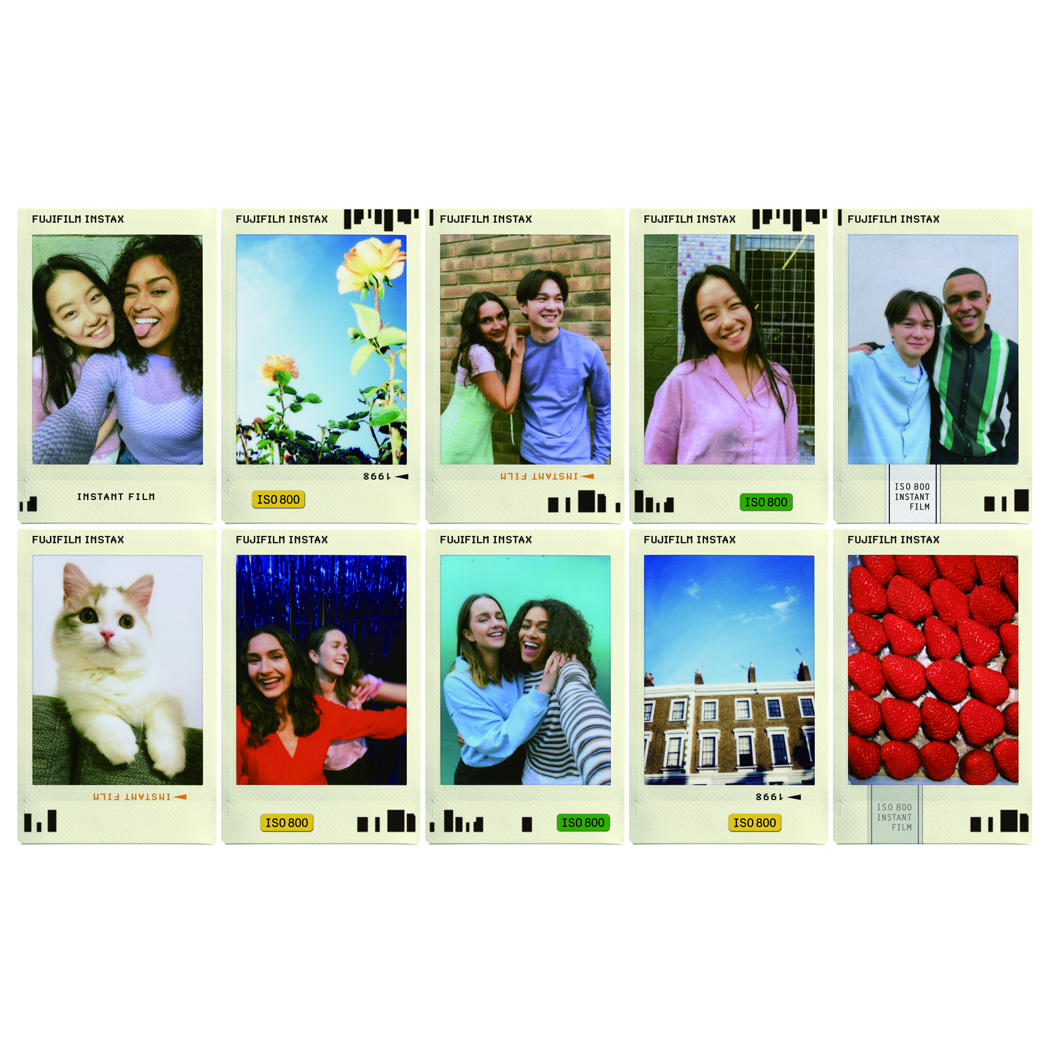 Ten Fujifilm Instax photo prints showing various people and scenes.
