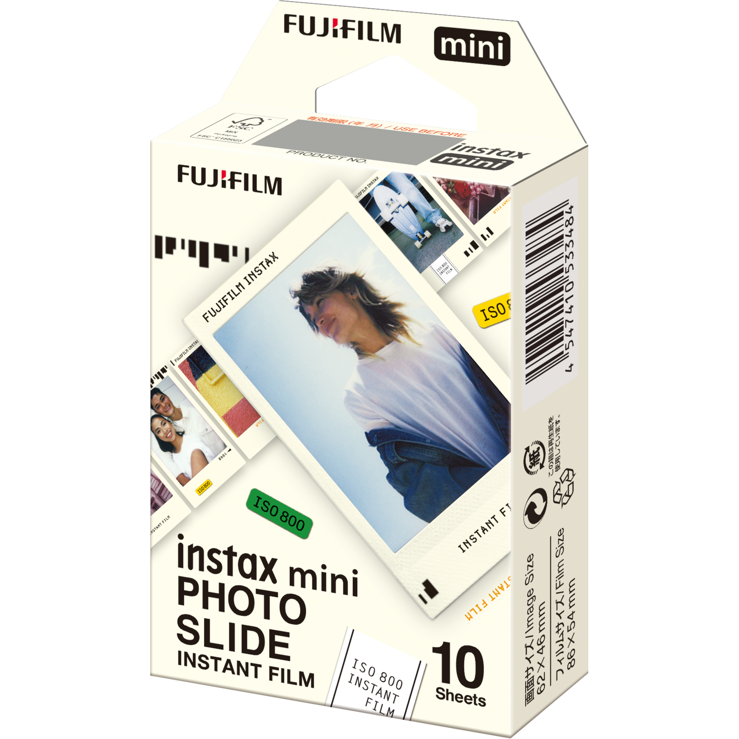 Instax mini photo slide instant film box, with picture of person.
