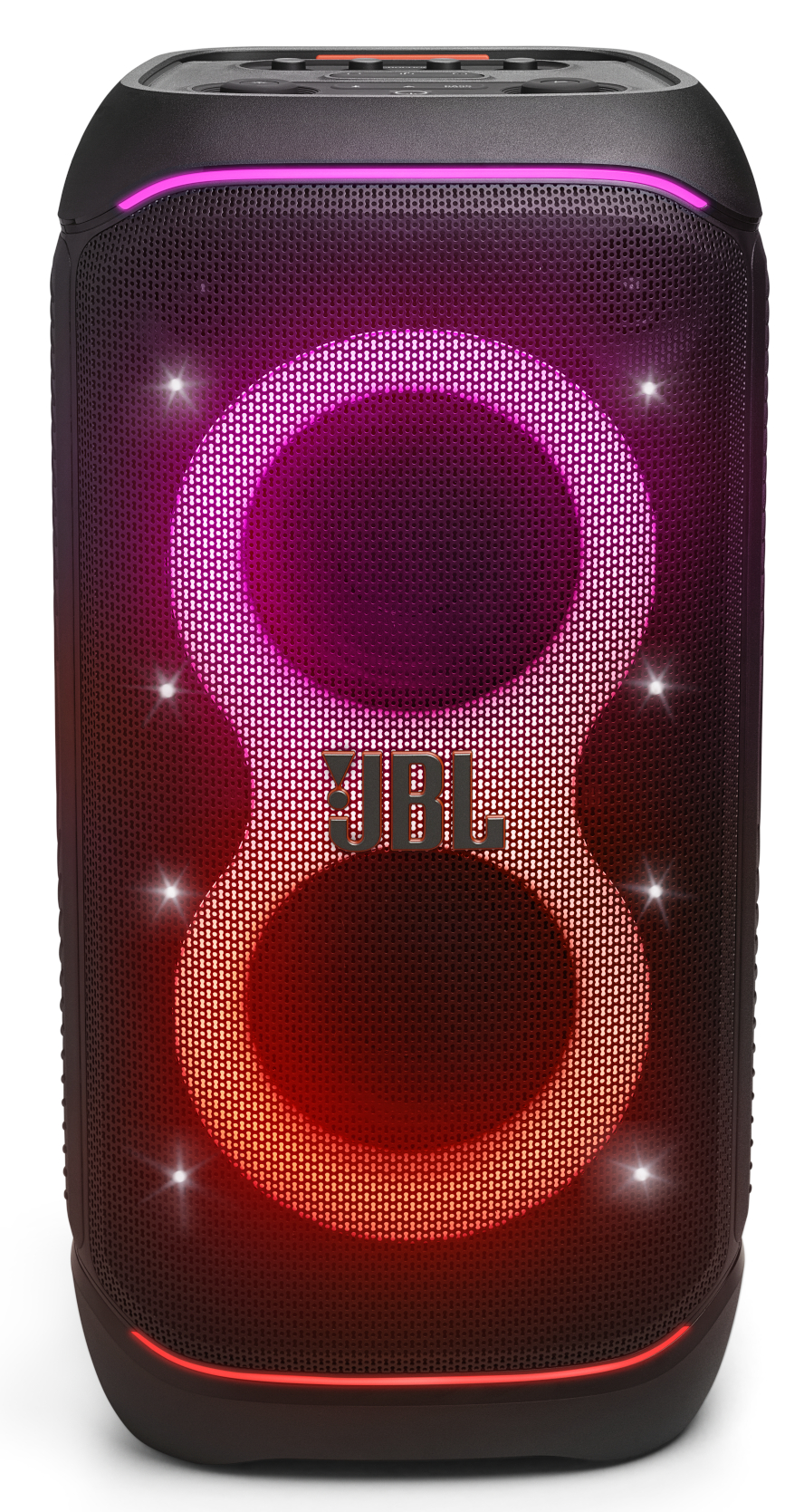 Czarny głośnik z podświetlanym wzorem ósemki i logo JBL.
