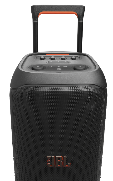 Czarny głośnik JBL z uchwytem, przyciskami i logo JBL.