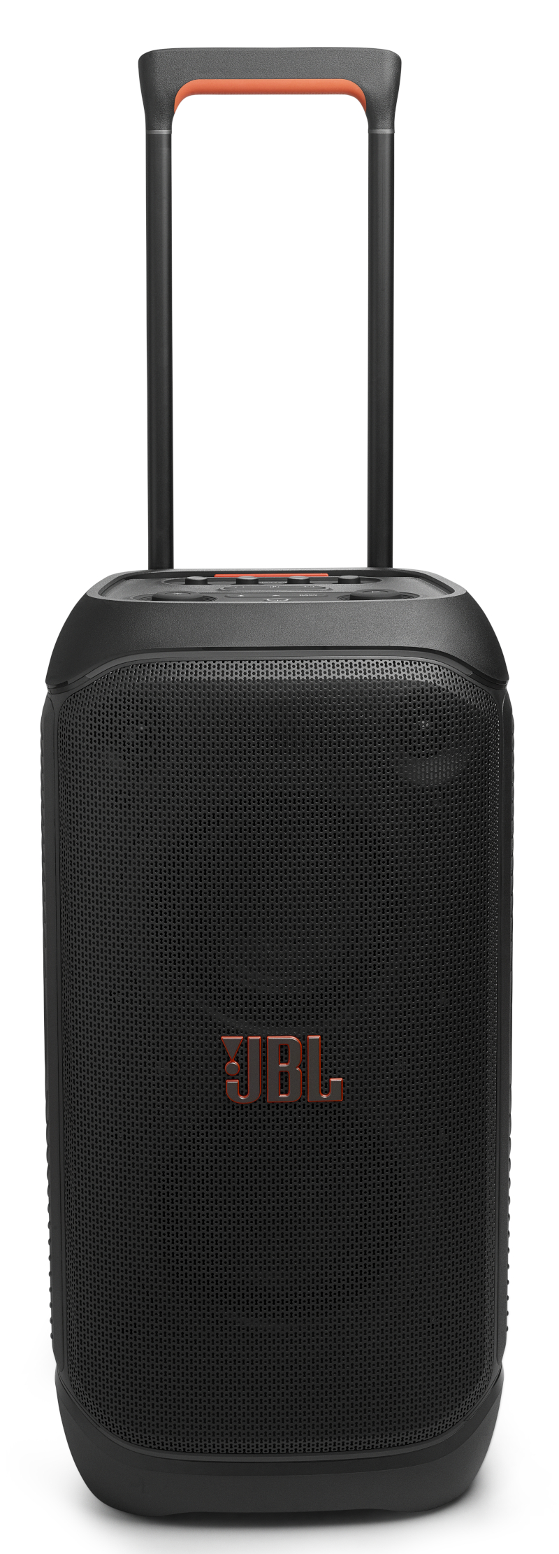 Czarny głośnik JBL z pomarańczowymi akcentami i uchwytem. Siatkowy przód z logo JBL.