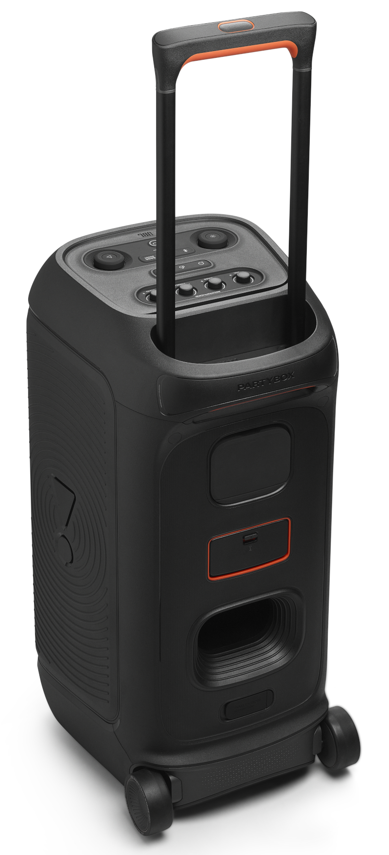 Czarny i pomarańczowy głośnik przenośny z uchwytem i kółkami.