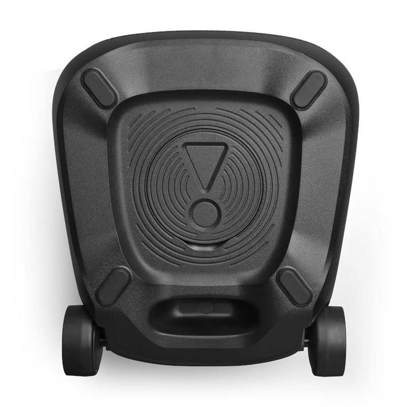 Czarna podstawa głośnika JBL z kółkami, widok z góry na białym tle.