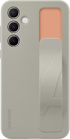 Etui na telefon: szare, ze stojakiem i brzoskwiniowym kolorem z tyłu. Widoczne logo Samsung.