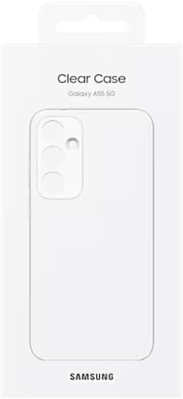 Przezroczyste pudełko na etui do telefonu Samsung Galaxy A55 5G. Etui jest widoczne.
