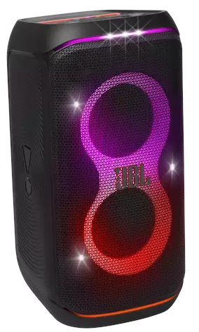Czarny głośnik JBL z jasnymi światłami. Światła tworzą ósemkę. Tło jest białe.