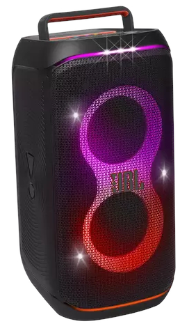 Czarny głośnik JBL z podświetleniem w kolorze fioletowym i czerwonym oraz uchwytem do przenoszenia.