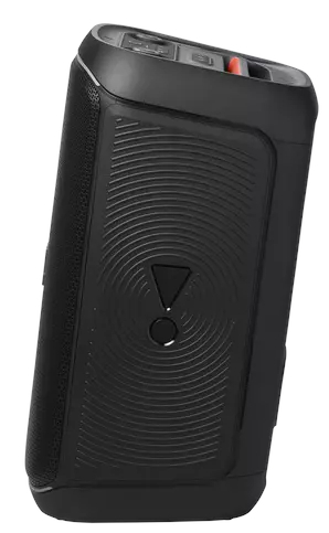 Czarny głośnik, widok z boku, trzy przyciski, czerwone pokrętło i logo, białe tło.