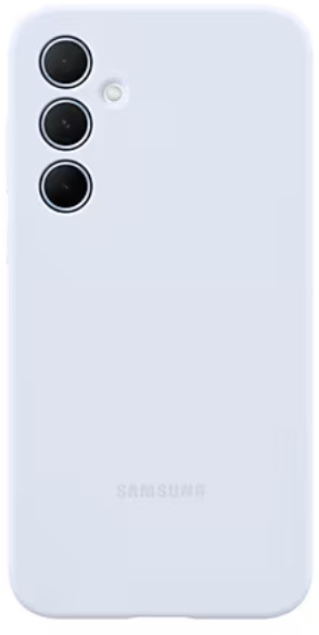 Jasnoniebieski tył telefonu Samsung z potrójnym aparatem i logo Samsung.