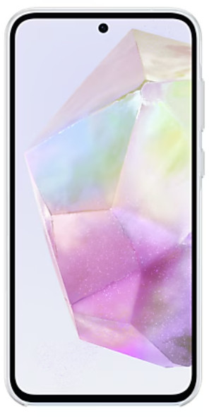 Telefon komórkowy z fasetowym, abstrakcyjnym wzorem na ekranie, biała ramka.