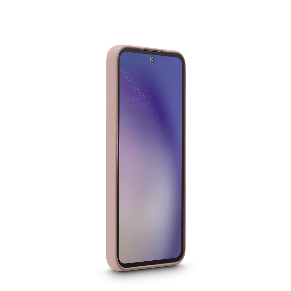 Ein pinkes Telefon in einer Hülle steht aufrecht. Der Bildschirm zeigt einen lila-blauen Farbverlauf.