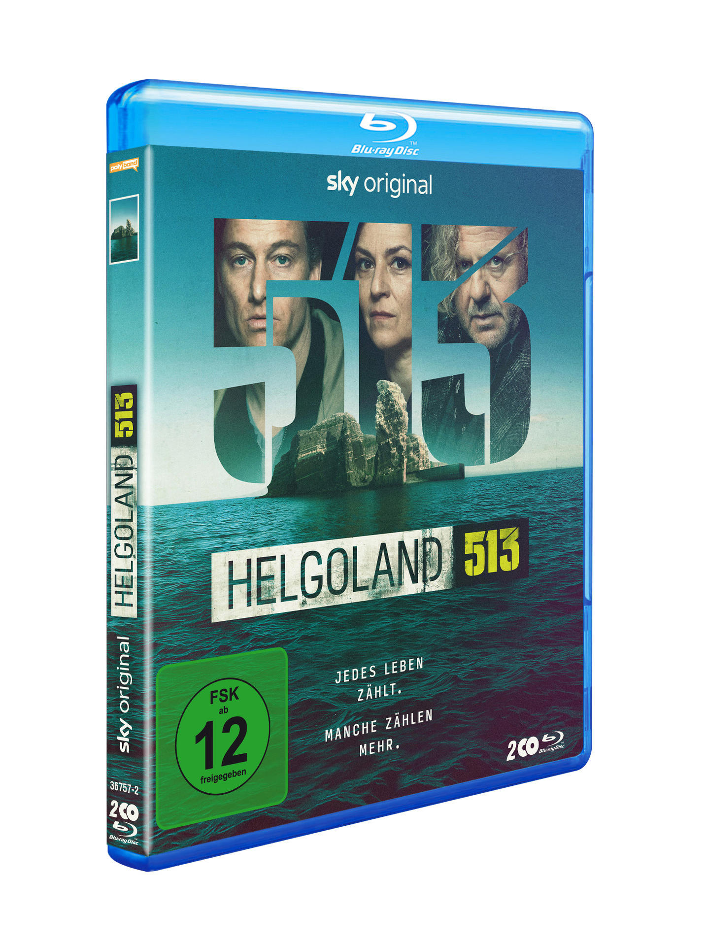 Blu-ray-Disc-Hülle mit Cover-Art für den Film Helgoland 513, blaue und weiße Farben.