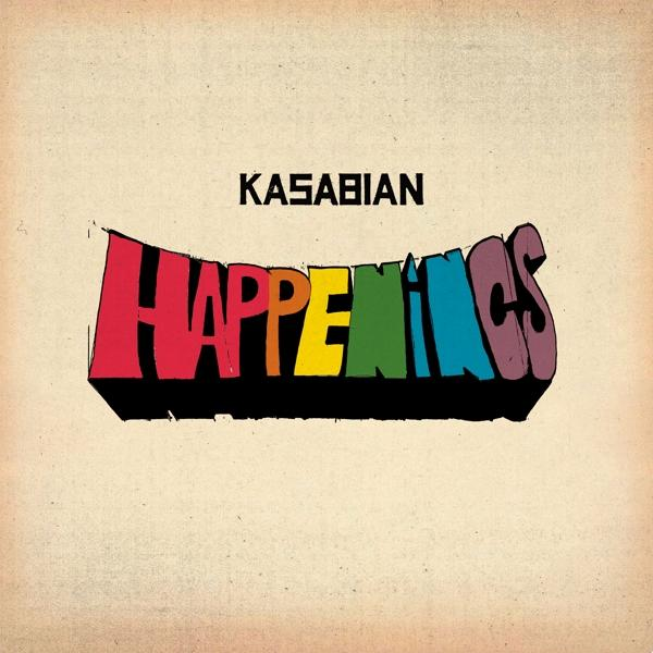 Albumhoes van Kasabian. Kleurrijke tekst: Happenings. De achtergrond is beige.