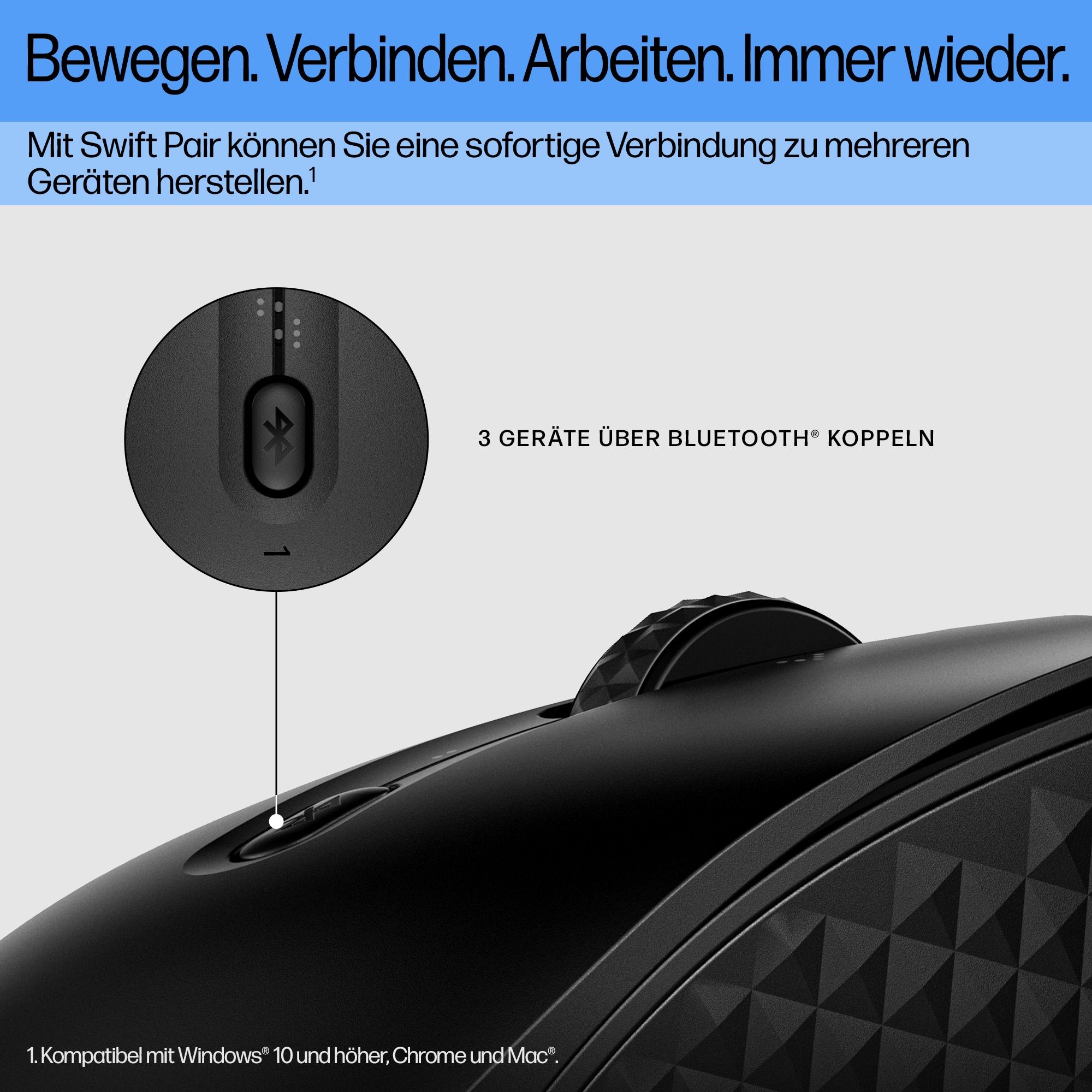 Schwarze Maus mit Scrollrad und Taste, Nahaufnahme. Text über die Verbindung zu Geräten.