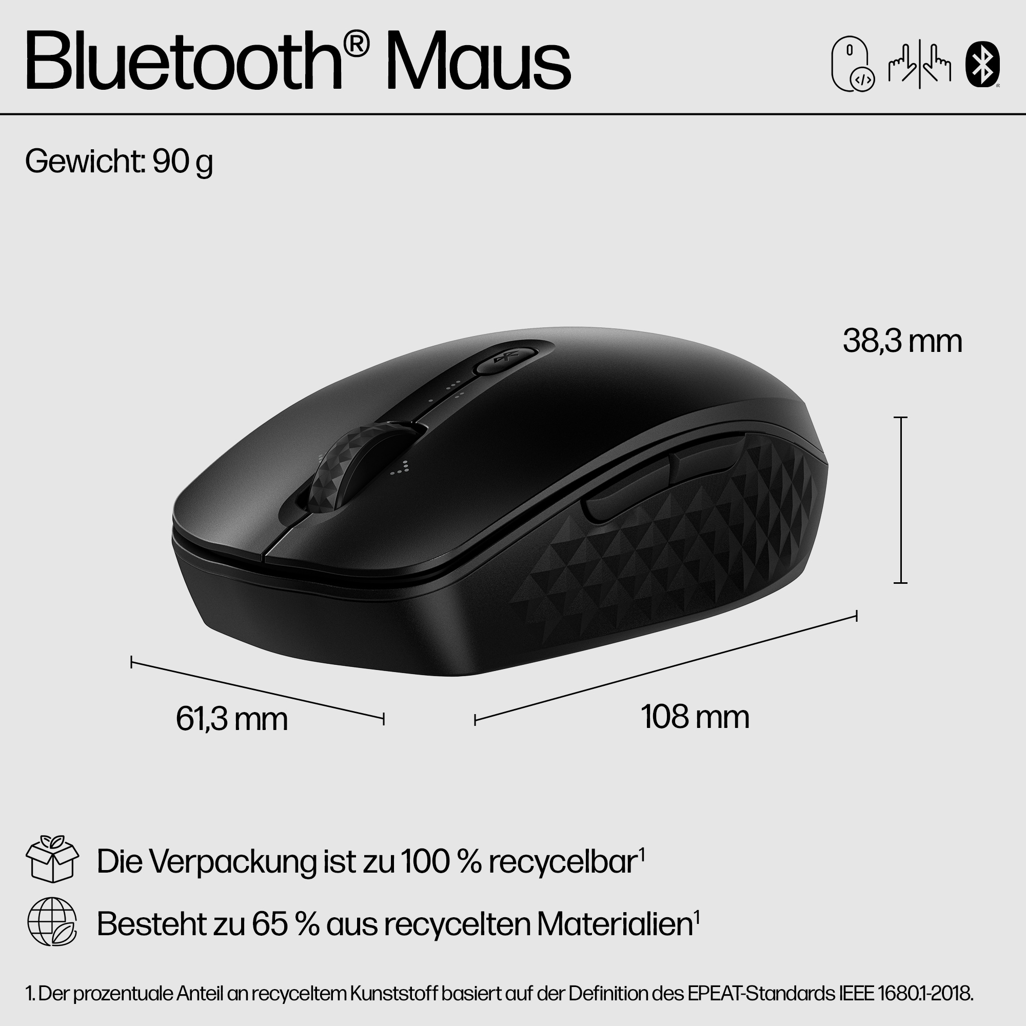 Schwarze Bluetooth-Maus mit Abmessungen und Informationen zu recycelten Materialien.