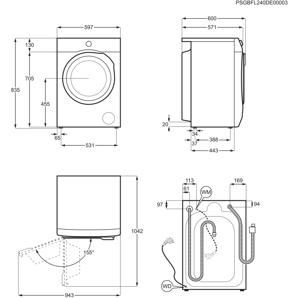 Technische tekening van een wasmachine met afmetingen.