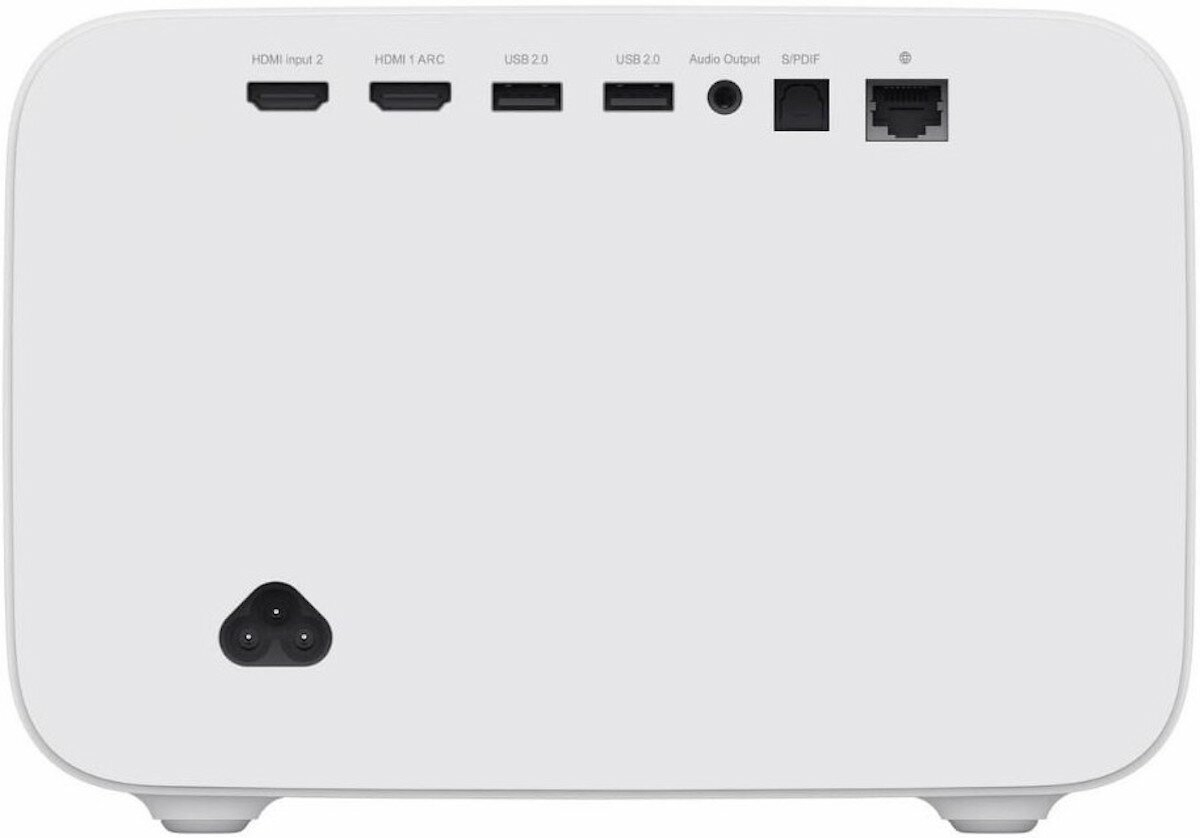 Biały tylny panel projektora z różnymi portami wejściowymi. Tekst w języku angielskim.