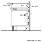 Diagram showing dimensions for a drawer installation. Measurements are in millimeters.