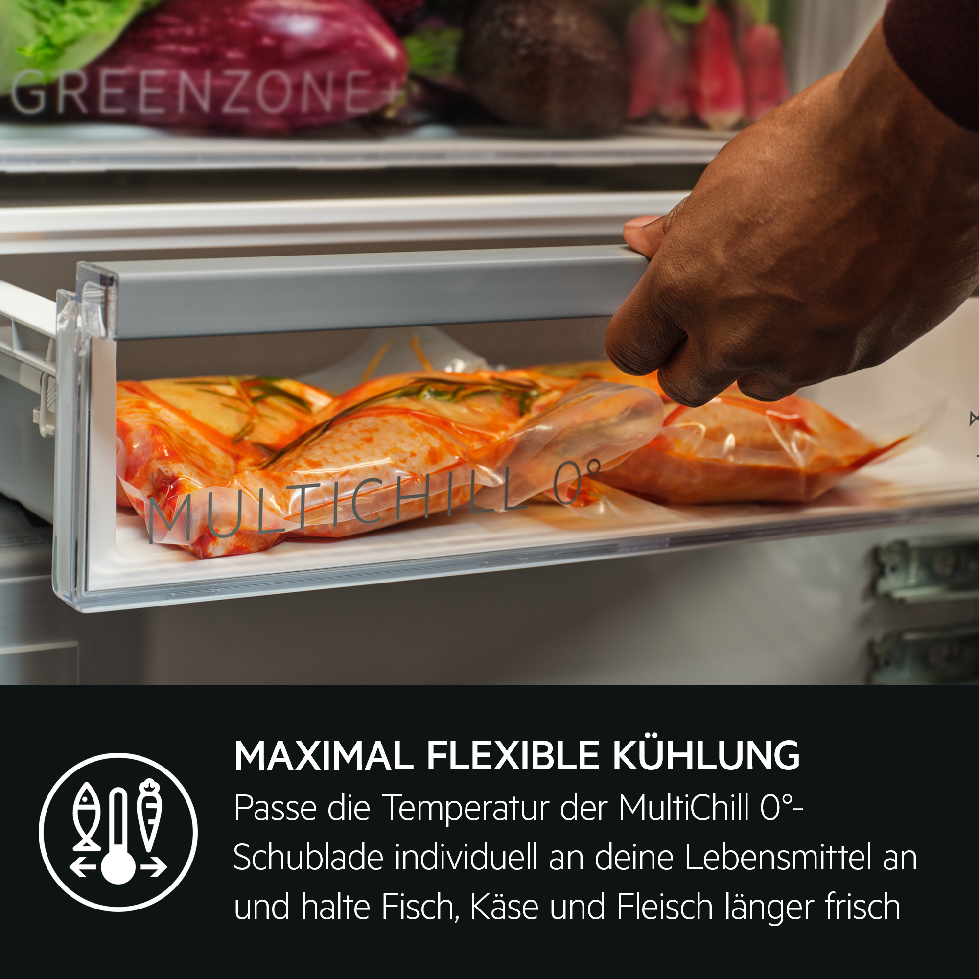 Eine Schublade mit Fleischpaketen. Text: Flexible Kühlung, Lebensmittel frisch halten.