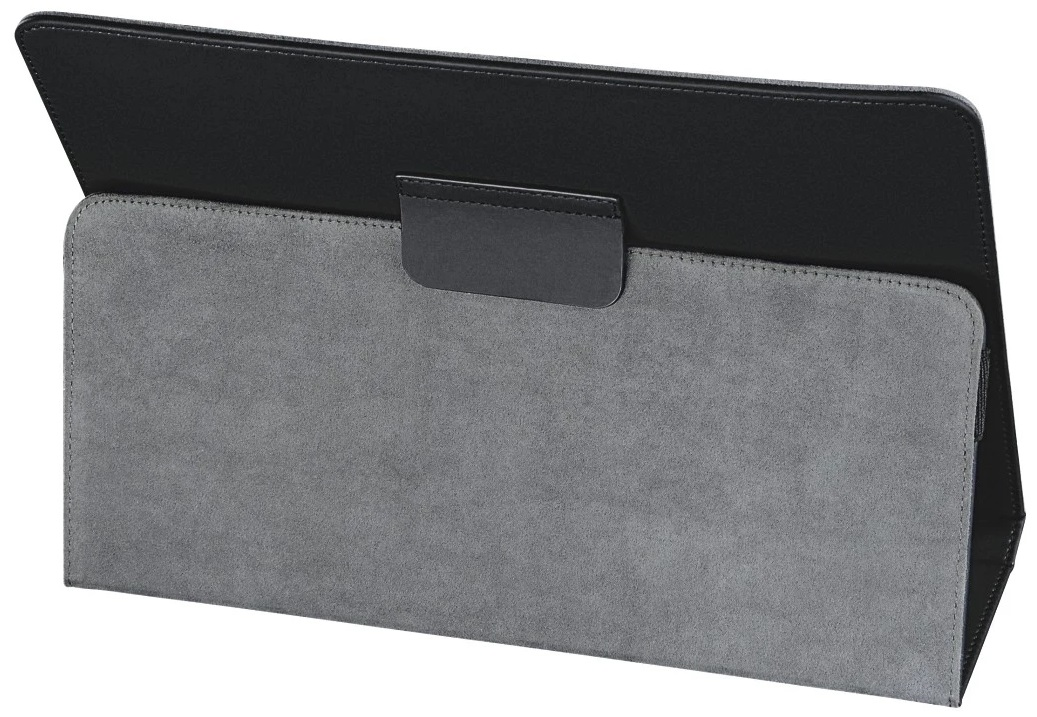 Dwukolorowe etui na tablet, szary przód imitujący zamsz, czarny skórzany tył, częściowo otwarte, ukazujące wnętrze.