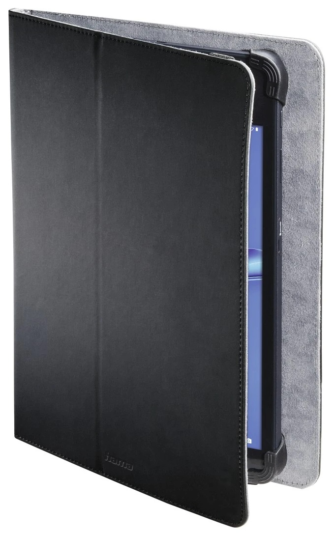 Czarny tablet w czarnym etui, otwarty, z szarym wnętrzem.