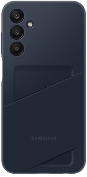 Ciemnoniebieskie etui na telefon z uchwytem na karty. Białe tło.