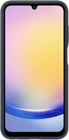 Smartfon z kolorowym ekranem, w ciemnoniebieskim etui.