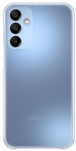 Niebieski telefon, widok z tyłu, trzy aparaty i lampa błyskowa, przezroczysta obudowa.