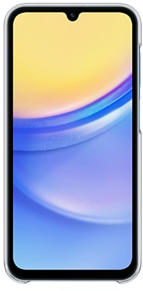 Smartfon z niebiesko-żółtym gradientowym tłem w przezroczystym etui.