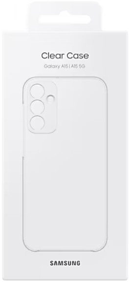 Białe pudełko z przezroczystym etui na telefon. Etui pasuje do Samsung Galaxy A15/A15 5G.