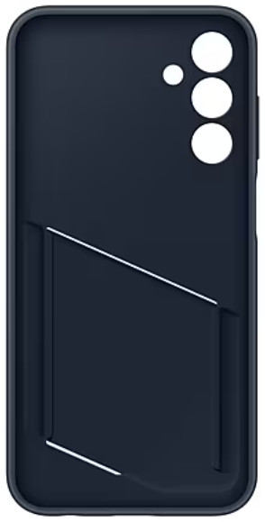 Ciemnoniebieskie etui na telefon z wycięciami na aparat i uchwytem na karty.