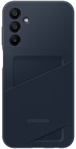 Granatowe etui na telefon z trzema otworami na aparat. Z kieszenią i logo Samsung.