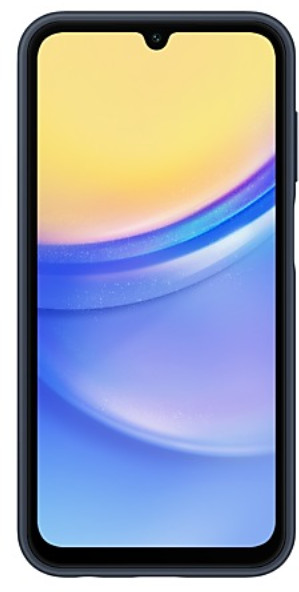 Smartfon z niebieskim etui, pokazujący kolorowy ekran.