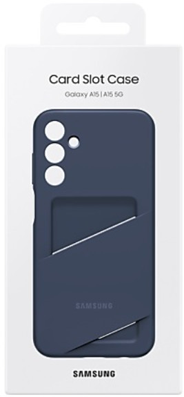 Granatowe etui na telefon z miejscem na kartę, w białym pudełku, logo Samsung.