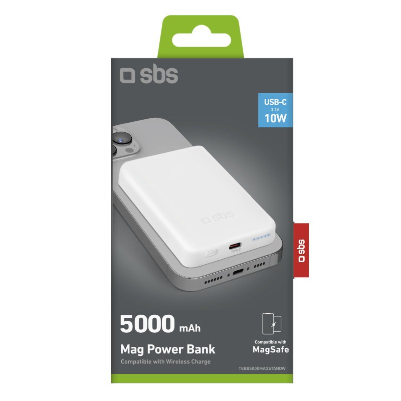 Biały power bank na czarnym tle z logo SBS.