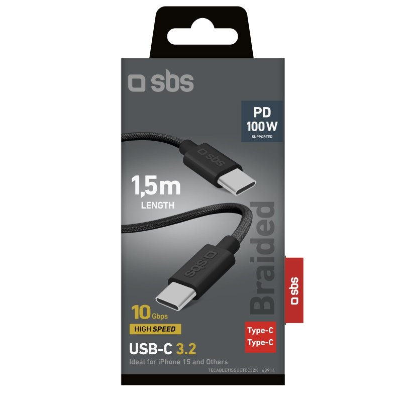 Kabel USB-C w opakowaniu. Pleciony, obsługuje 100W PD i USB-C 3.2. Długość 1,5m.