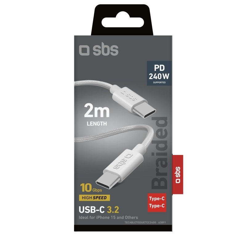 Biały kabel USB-C na czarno-białym pudełku. Pudełko ma markę sbs i specyfikacje USB-C.
