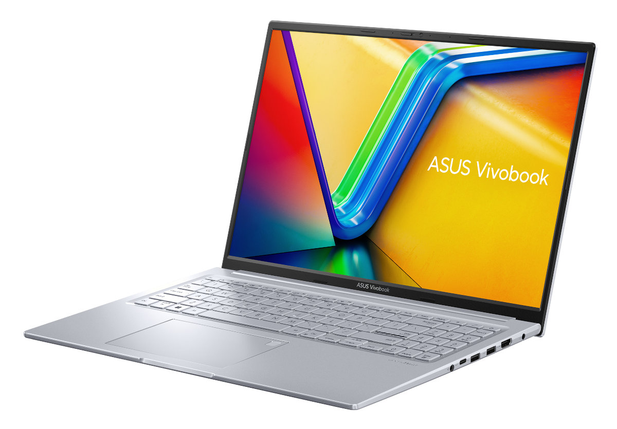 Srebrny laptop ASUS Vivobook otwarty, kolorowy ekran, widok z boku.