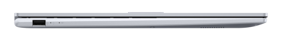 Widok z boku zamkniętego srebrnego laptopa z portem USB.