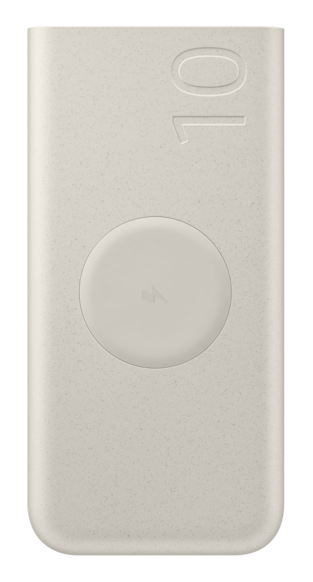 Kremowy power bank ze symbolem ładowania. Wydrukowana liczba 10.