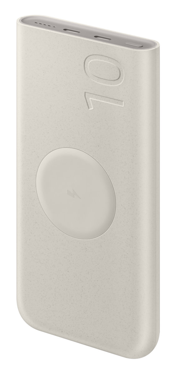 Jasnoszary power bank z okrągłą bezprzewodową podkładką ładującą. Wydrukowano na nim liczbę 10.