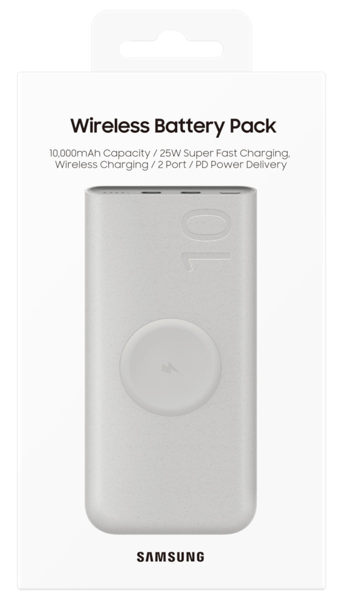Białe opakowanie Wireless Battery Pack. Zawiera biały powerbank z okręgiem ładowania. Logo Samsung na dole.