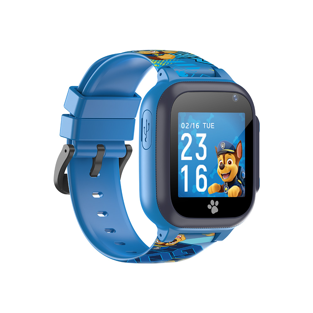 Niebieski smartwatch Paw Patrol z Chase'em na ekranie, wyświetlający datę i godzinę.