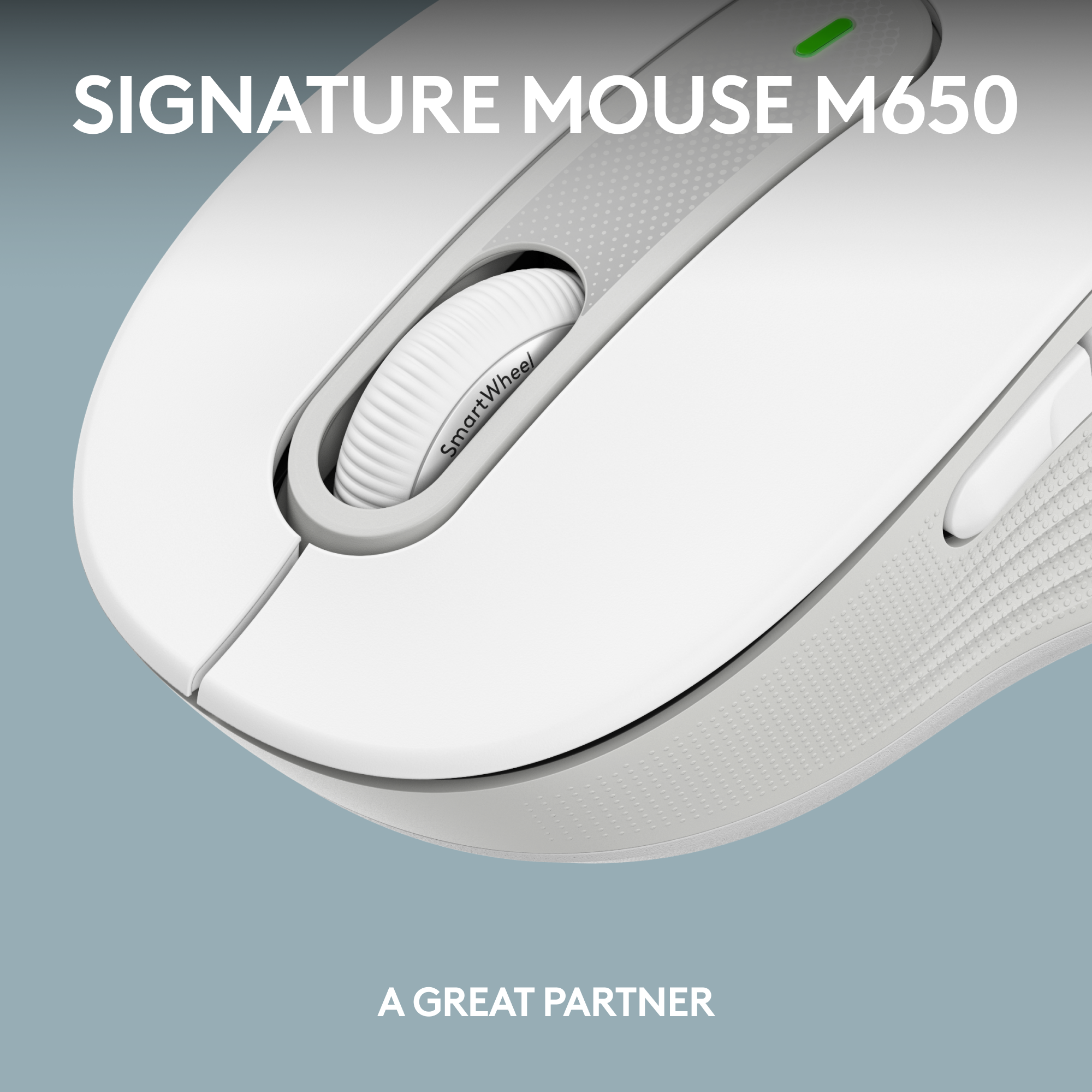 Weiße Signature Maus M650. Das SmartWheel ist sichtbar.