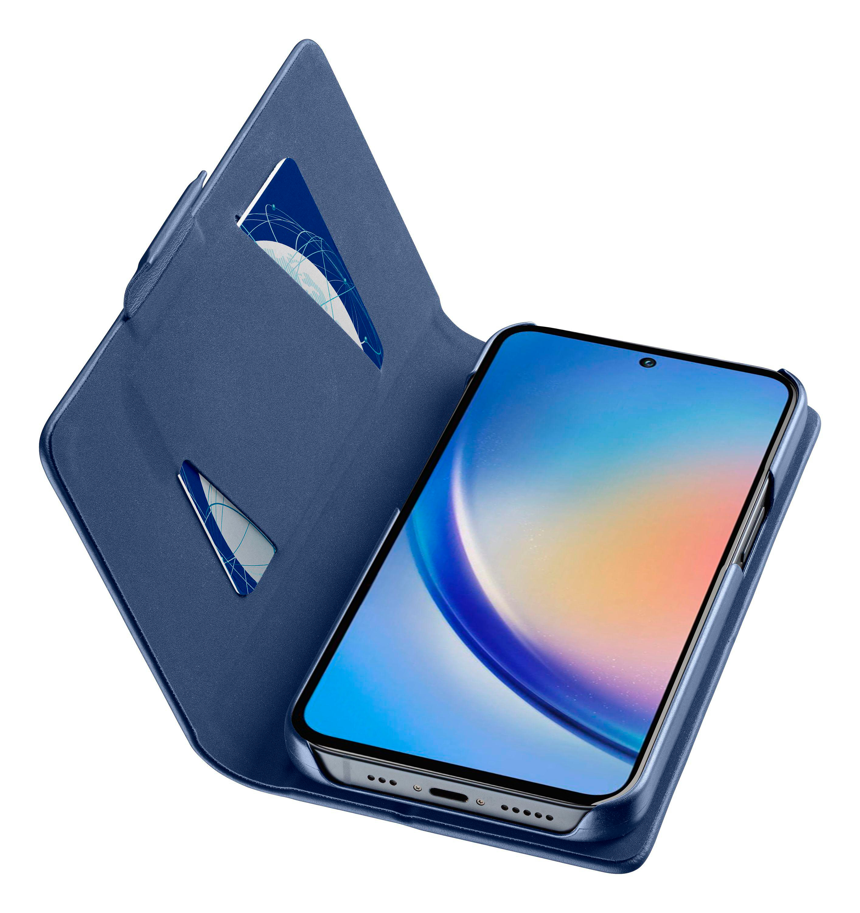Blaue Handyhülle, offen, um ein Telefon zu zeigen. Es gibt Kartenfächer im Inneren.