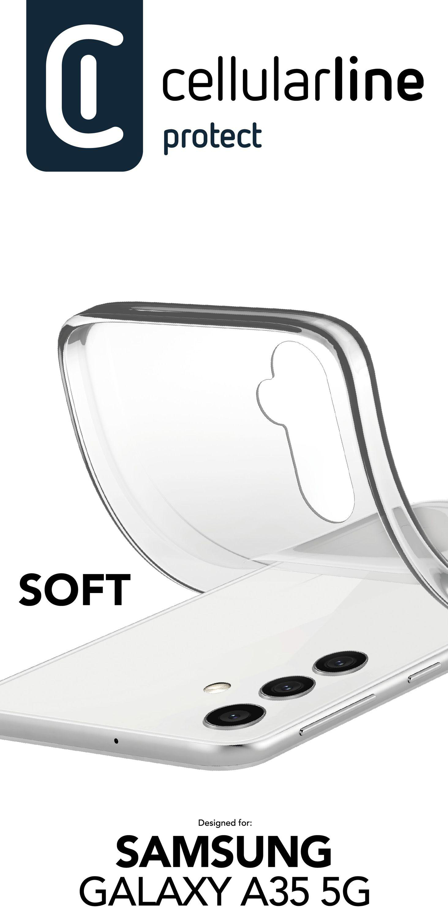 Transparente Handyhülle auf weißem Telefon, zeigt Rückseite mit Kameras.