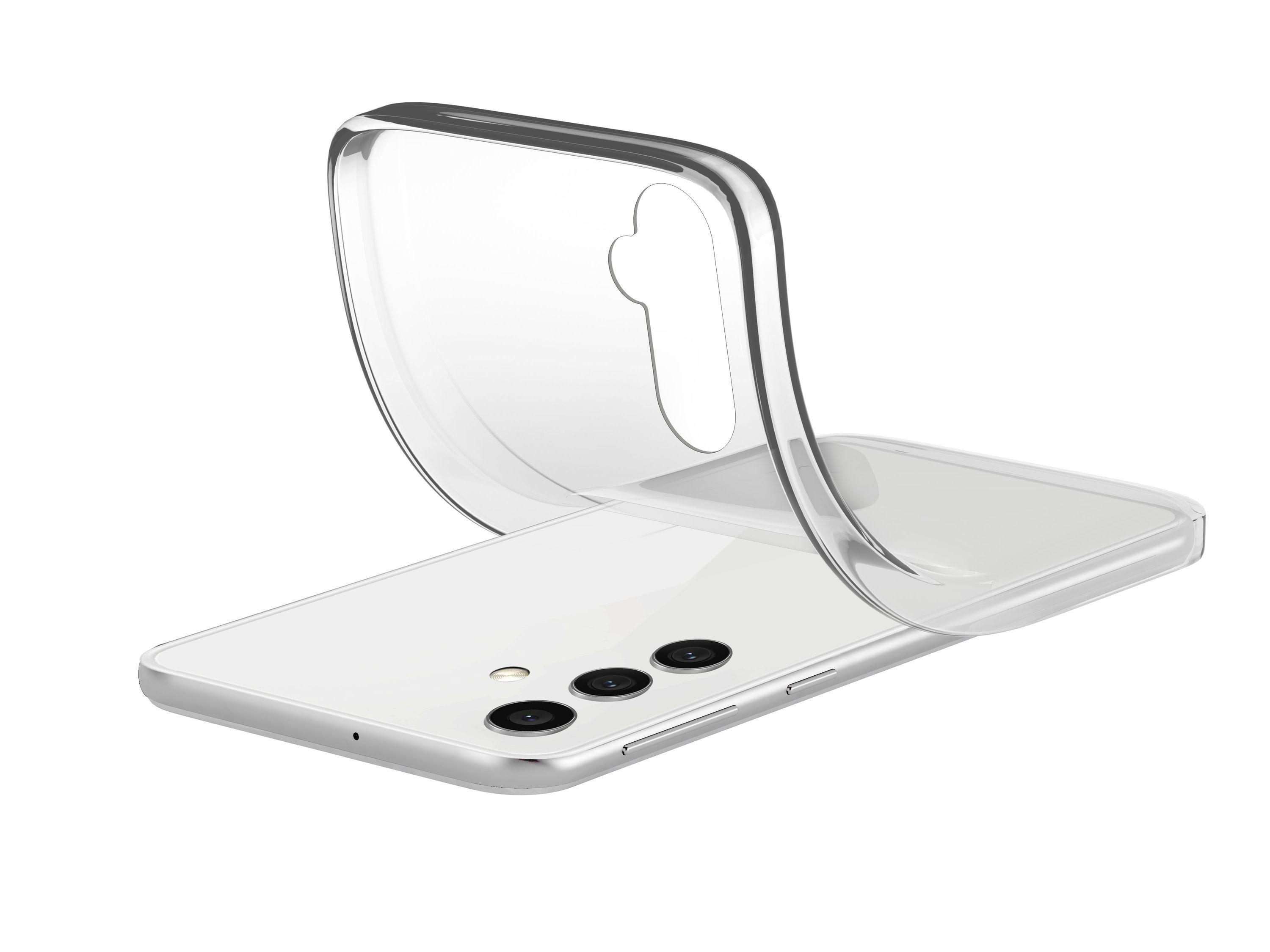 Transparente Handyhülle über einem weißen Telefon. Die Hülle ist transparent und umhüllt das Telefon.